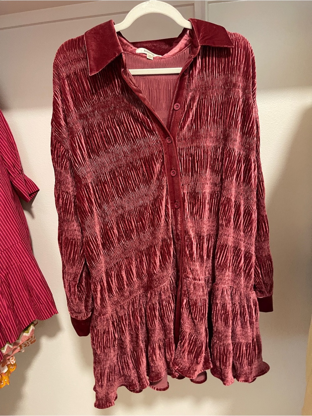 Long-Sleeve Crushed Velvet Button-Front Dress in Wine